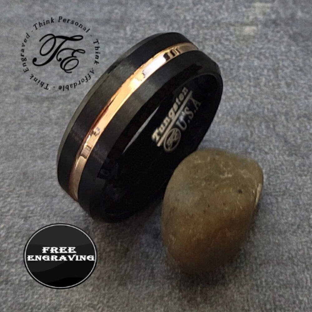 Personalized Men's Real Black Tungsten Wedding Ring Gold Filled Center Groove